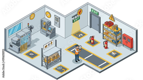 Isometric view of a factory floor with worker and machinery.