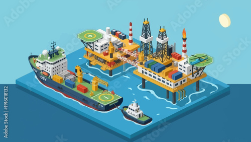 Offshore Oil Rig and Supply Ship Operations in Isometric View.