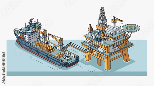 Offshore oil rig and supply vessel connected by a gangway.