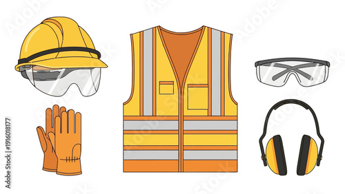 Safety gear including hard hat gloves vest goggles and headphones