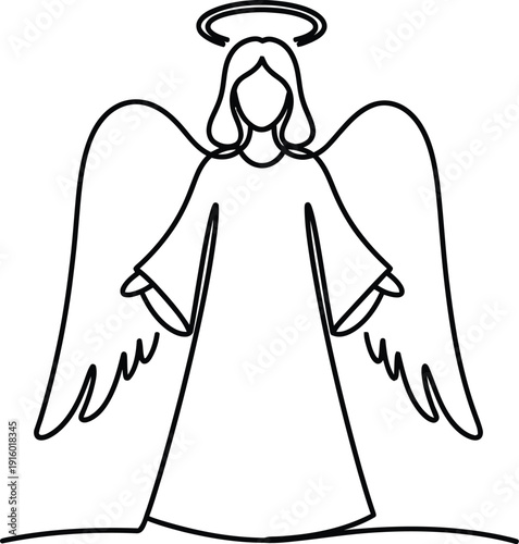 Simple continuous line drawing illustrating a serene and peaceful female angel figure wearing a flowing robe and possessing large feathered wings above her head wearing a halo ornament
