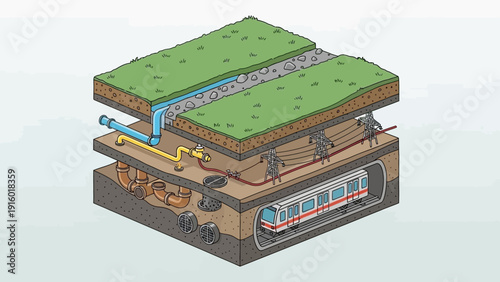Underground Infrastructure Cross-Section with Metro Train and Utilities.