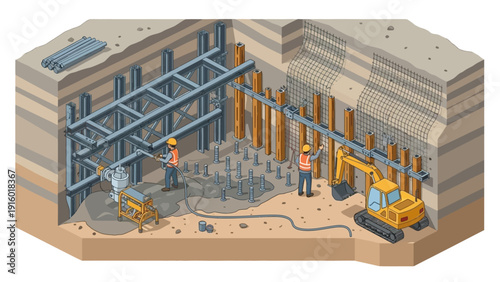 Underground Construction Site with Shoring and Excavation Work.