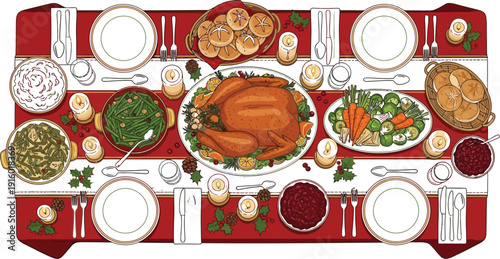 Overhead view of a beautifully set holiday dining table featuring a perfectly roasted turkey surrounded by festive side dishes and glowing candles for a celebratory feast.
