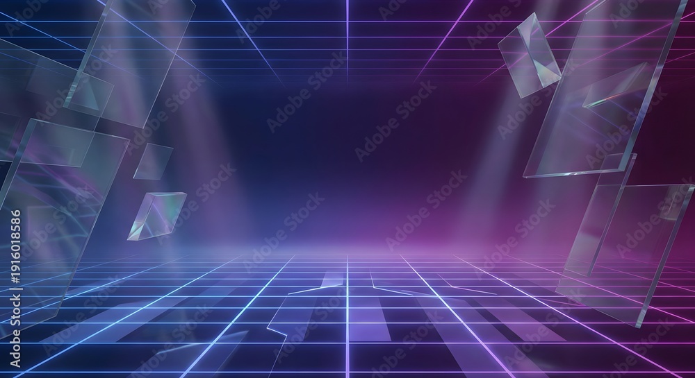Obraz premium Futuristic 3D cyber grid background with glowing neon lines, floating glass panels, and a deep blue to magenta gradient. Minimalist tech aesthetic with cinematic lighting and depth perspective.