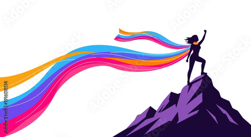 A silhouette of a triumphant woman standing on a mountain peak with a flowing rainbow-colored ribbon, symbolizing Women Empowerment and Equality For All, against a clean white background