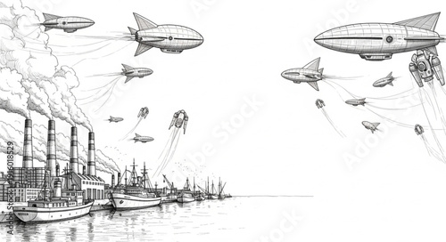 Steampunk Airships Flying Over Industrial Cityscape with Smoke Stacks.