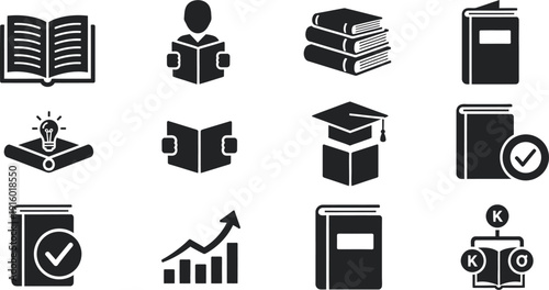 Collection of black and white education and book icons with various symbols open book