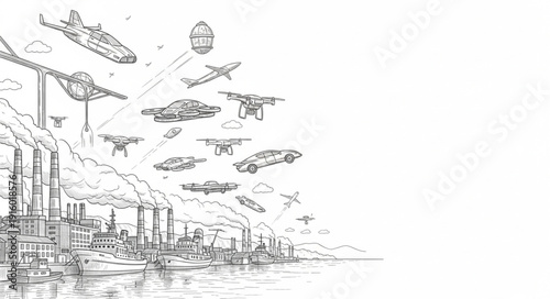 Steampunk Cityscape with Flying Machines Illustration.