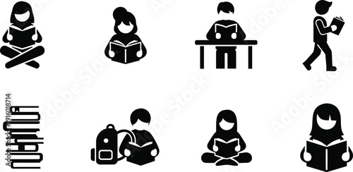 Collection of black and white pictogram icons of people reading and books person reading