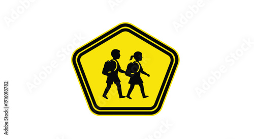 Yellow school crossing sign depicting two children walking to school