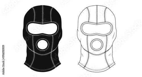 Two ski masks a black filled version and a white outline illustration