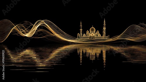 Golden Ornate Taj Mahal Silhouette Amidst Dotted Wave Patterns on Black Background
