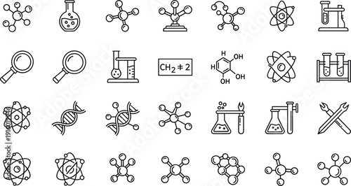 Science laboratory chemistry line icon set with molecules atoms DNA microscope and research equipment vector illustration collection