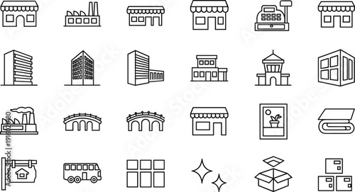 City buildings and commercial storefront line icon set with shops factories offices transport and warehouse vector illustration