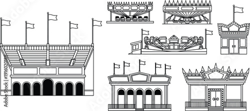 Black line stadium and sports arena facade set with grandstand entrance architecture isolated vector illustration collection