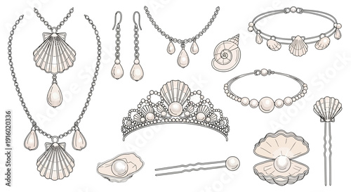 A collection of elegant pearl and seashell-themed jewelry, including necklaces, earrings, bracelets, a tiara, and hair accessories, rendered in a detailed illustration style.
