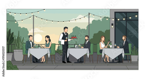 An elegant outdoor restaurant scene with a waiter serving drinks to well-dressed couples enjoying an evening meal on a patio with string lights.