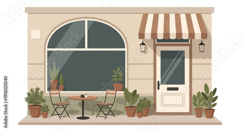 A charming cafe or shop facade with outdoor seating and potted plants.