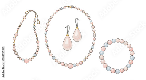 Elegant set of pearl jewelry featuring necklaces, earrings, and a bracelet with pink and light blue beads.