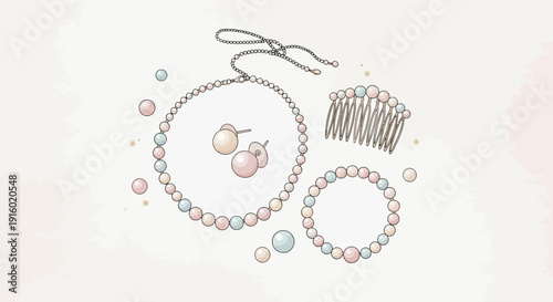 Elegant pastel pearl jewelry set featuring a necklace, earrings, bracelet, and hair comb illustration.