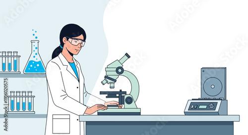 A female scientist conducting research in a laboratory with a microscope and other scientific equipment.