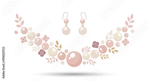 Elegant pearl necklace and earrings with floral accents, delicate and feminine design.