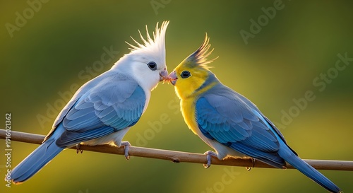 Cute Colorful Birds Touching Beaks on Branch Romantic Wildlife Scene