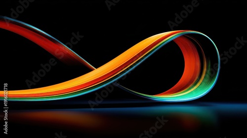 Abstract Orange Ribbon Form on a Black Background with a Smooth Dark Surface Creates a Modern and Graphic Composition with Vibrant Colors and Reflections
