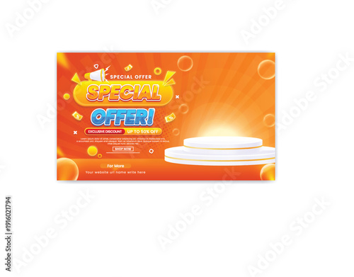 A vibrant advertisement for a special offer on red speakers with a loudspeaker icon and colorful graphics on an orange background