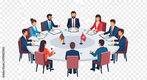People sit around a round table discussing business matters.