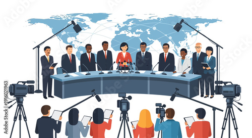 People at a press conference with cameras and a world map.