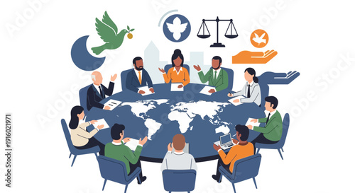 Diverse group meets around world map discussing global issues.