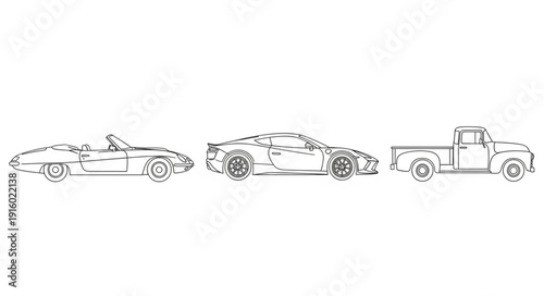 Three classic car outlines in a row on white background.