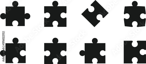 Eight black puzzle piece icons with varied orientations and shapes on white Keywords: puzzle, jigsaw, piece, icon, symbol, connection, solution
