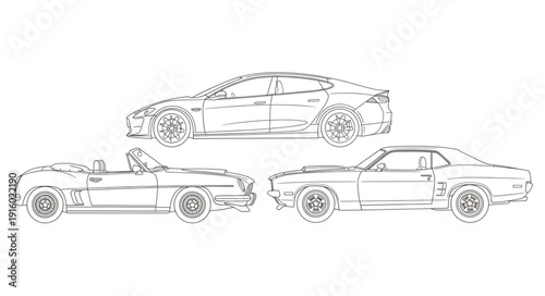Three classic car outlines in a row on white background.