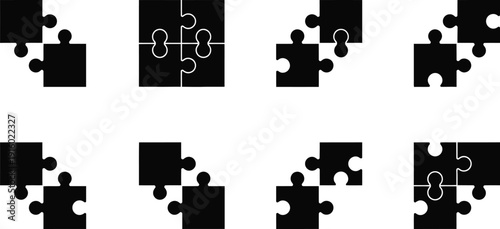 Eight black puzzle pieces arranged in pairs and groups on a white background Keywords: puzzle, jigsaw, pieces, icon, symbol, connection, solution