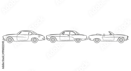 Three classic vintage cars lined up side by side illustration.
