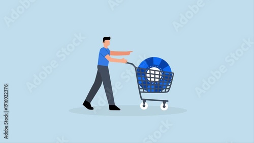 Buy blue chip stock with high expected return, 4k animation of Entrepreneur investor purchasing top tier stocks in shopping cart