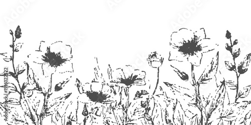 Vintage black floral vector illustration featuring a grunge leaf texture and seamless grass silhouette border for a nature-inspired wallpaper design