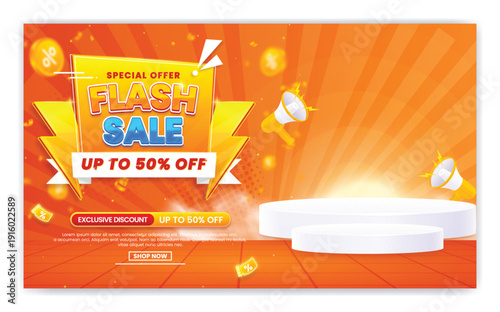 A promotional advertisement for a flash sale featuring a smartwatch and headphones on a white platform with a vibrant orange background