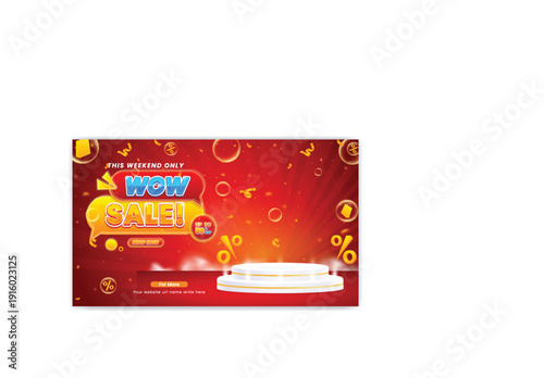 A vibrant advertisement featuring a woman wearing headphones and surrounded by colorful sale graphics