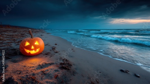 Lit jack o lantern on beach near sea under cloudy night sky