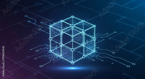 Futuristic 3d cube structure with neon blue lines and circuit board background