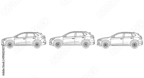 Three detailed sketches of modern SUVs in a row.