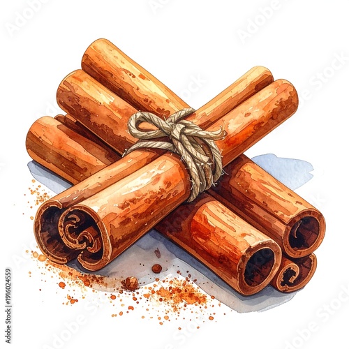 A bundle of cinnamon sticks tied with twine on a white background