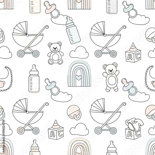 A seamless pattern of baby-related illustrations including strollers, teddy bears, and baby bottles on a white background