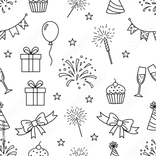 Celebratory elements including fireworks, gifts, and cupcakes are arranged in a festive pattern on a white background