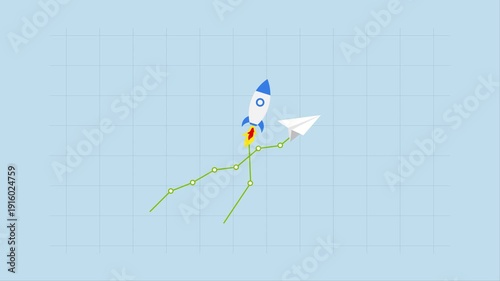 Investment growth sky rocket, 4k animation of Graph and chart showing investment with significant growth resembling a soaring airplane, exceeding the normal rate