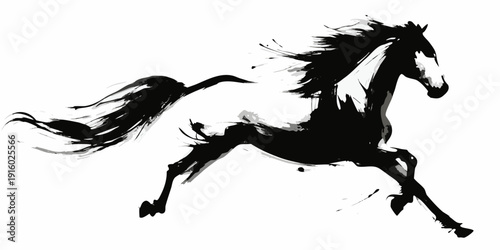 Dynamic ink wash painting of a rearing black and white horse
